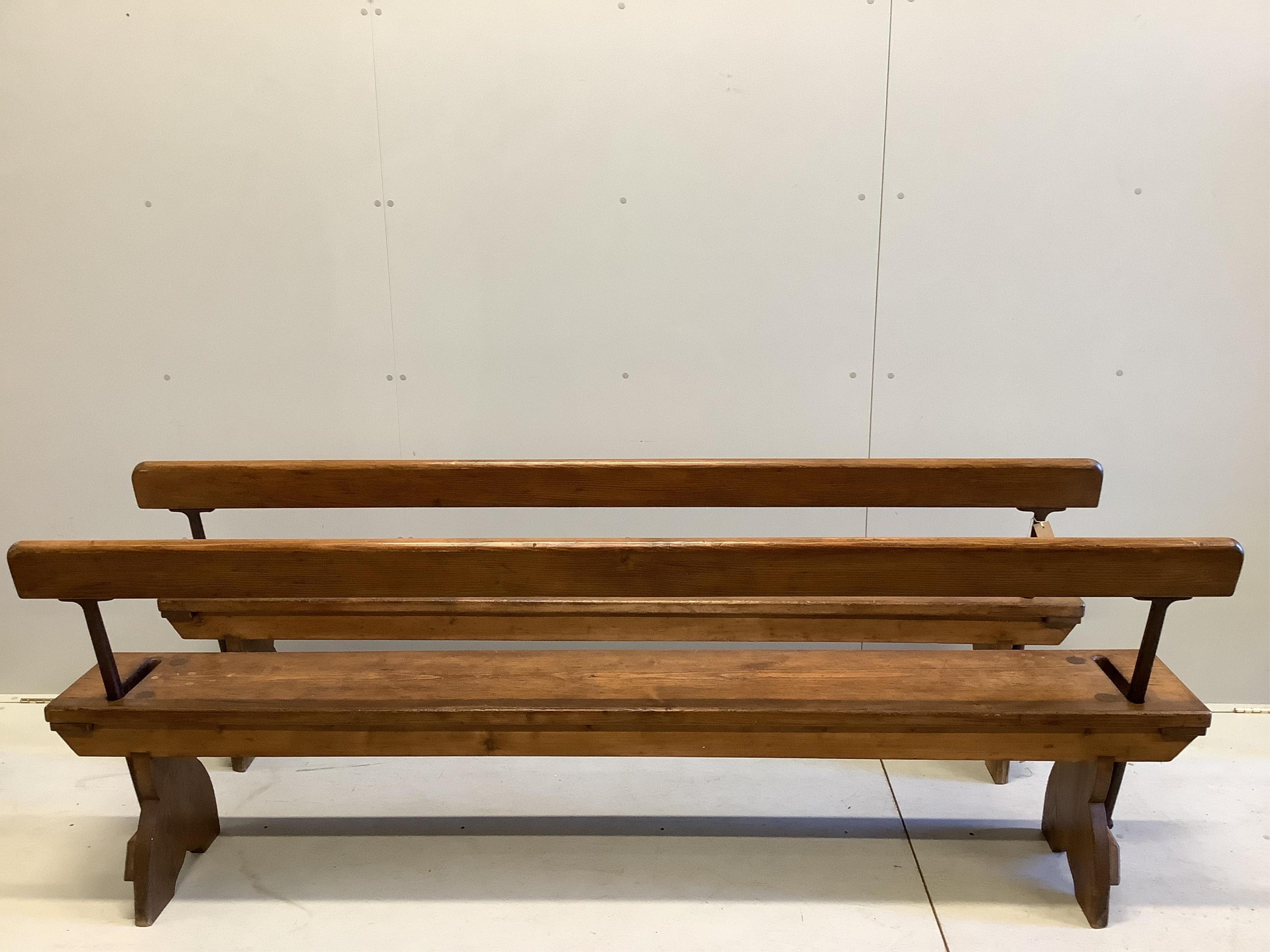 A pair of late 19th / early 20th century pine station benches, width 213cm, depth 33cm, height 77cm. Condition - good